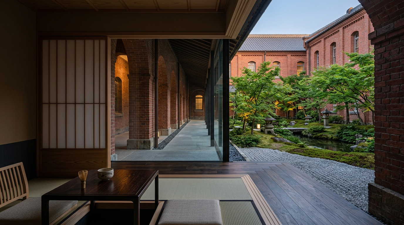 Vista exterior de un moderno hotel de lujo con elementos arquitectónicos tradicionales japoneses, posiblemente Capella Kyoto, enclavado en un distrito histórico.