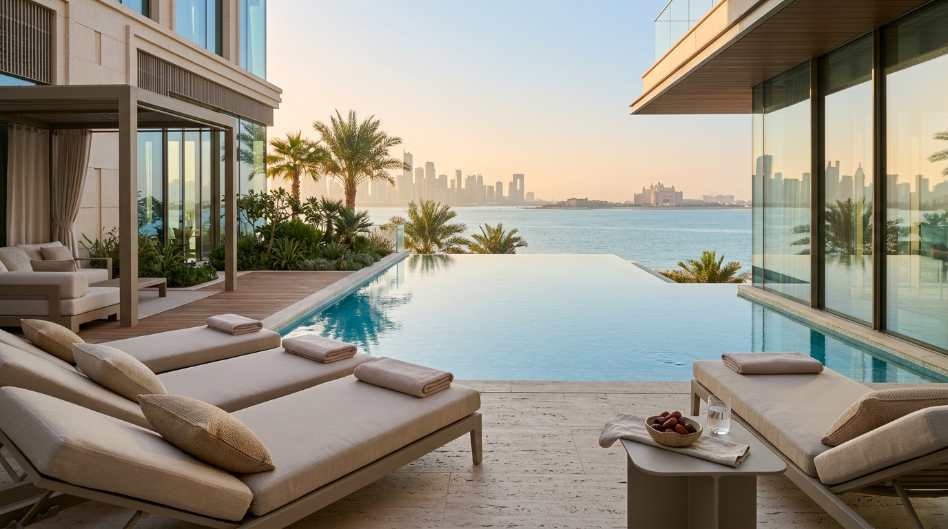 A modern, minimalist residential building with large windows overlooking a waterfront.
