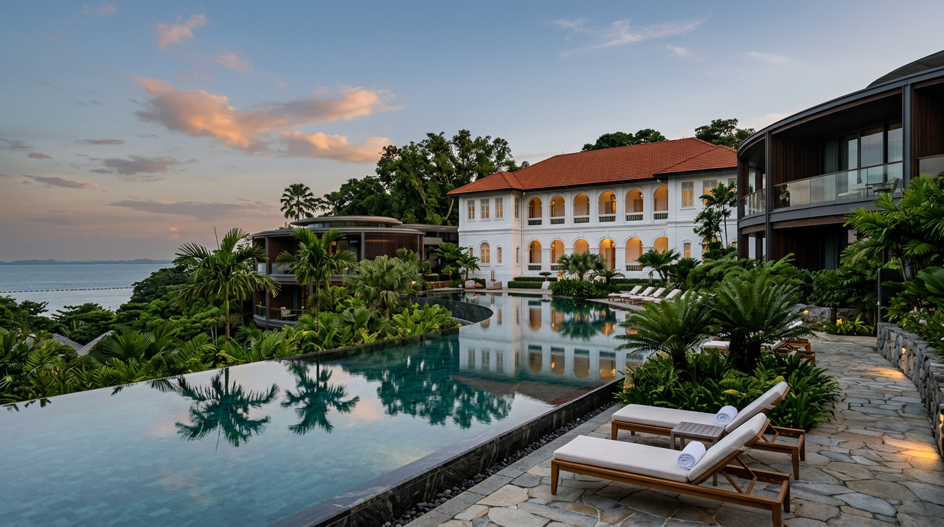 Exterior shot of Capella Hotel in Singapore, showcasing modern architecture blended with colonial-era buildings and lush greenery.