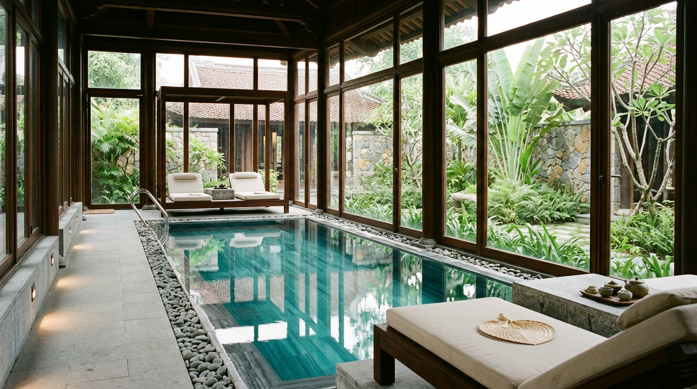 A modern, high-ceilinged hotel lobby with elegant seating and intricate architectural details.