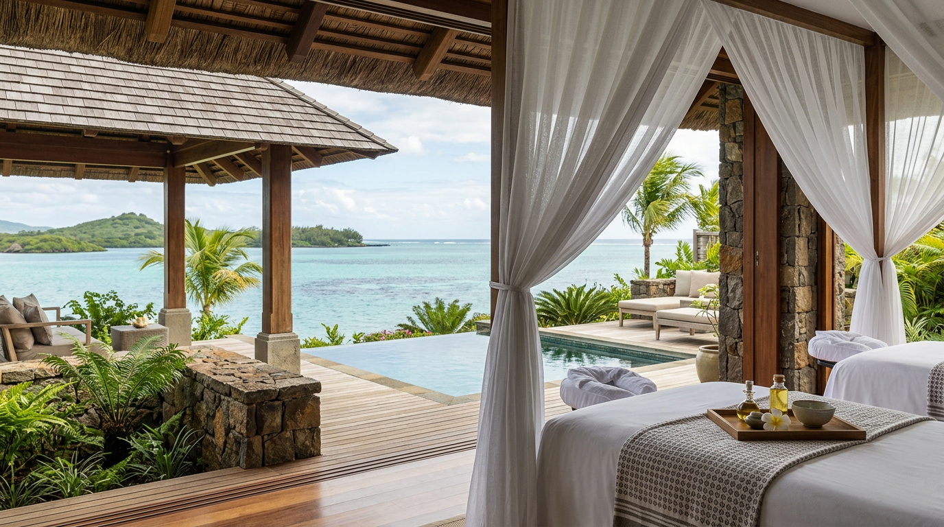 A masseuse preparing for a couples massage at a Four Seasons Resort in Langkawi