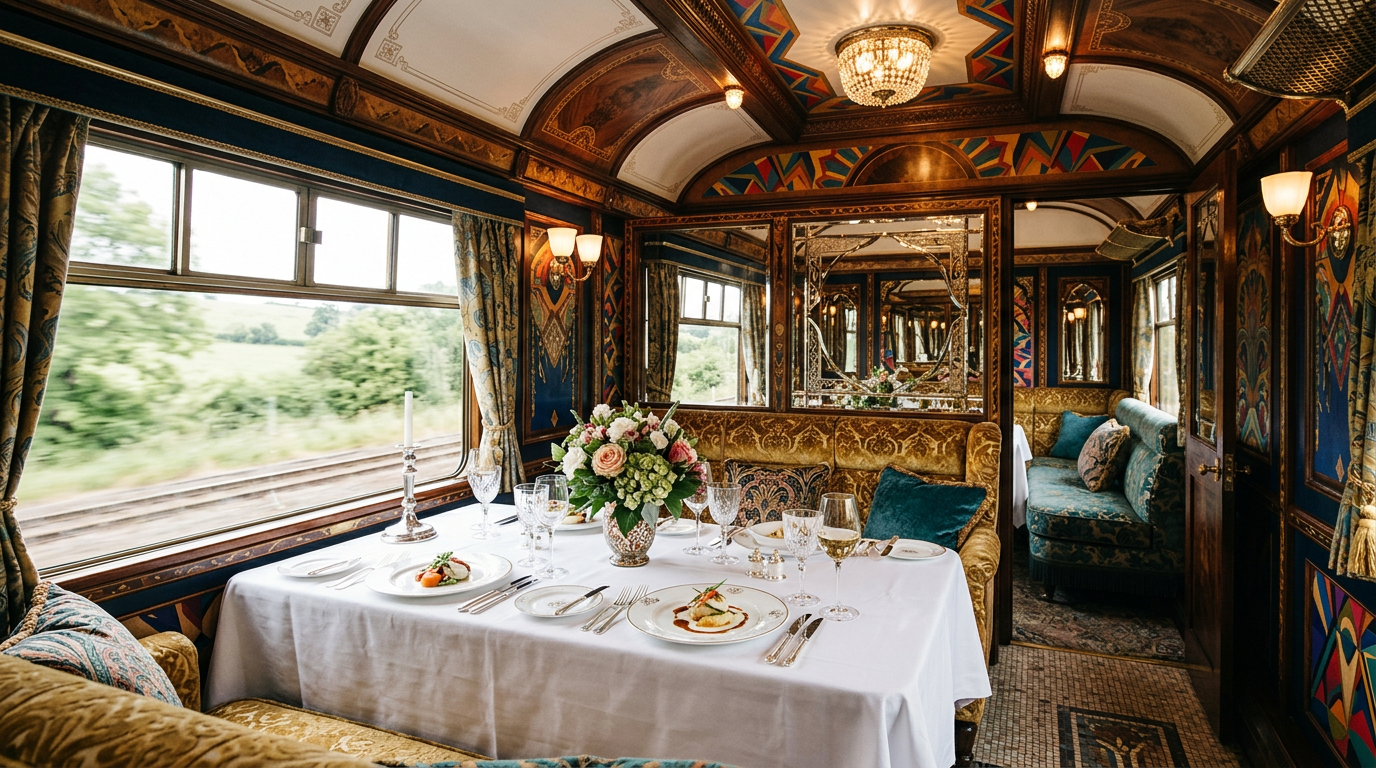 Interior of Celia private dining carriage by Baz Luhrmann for Belmond's British Pullman, showing a lavish lounge area with opulent seating and intricate decor.
