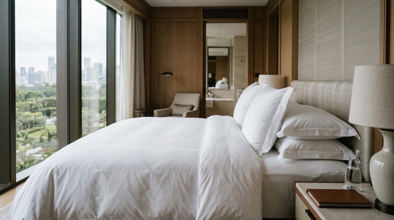 A plush, white feather and down pillow resting on a bed