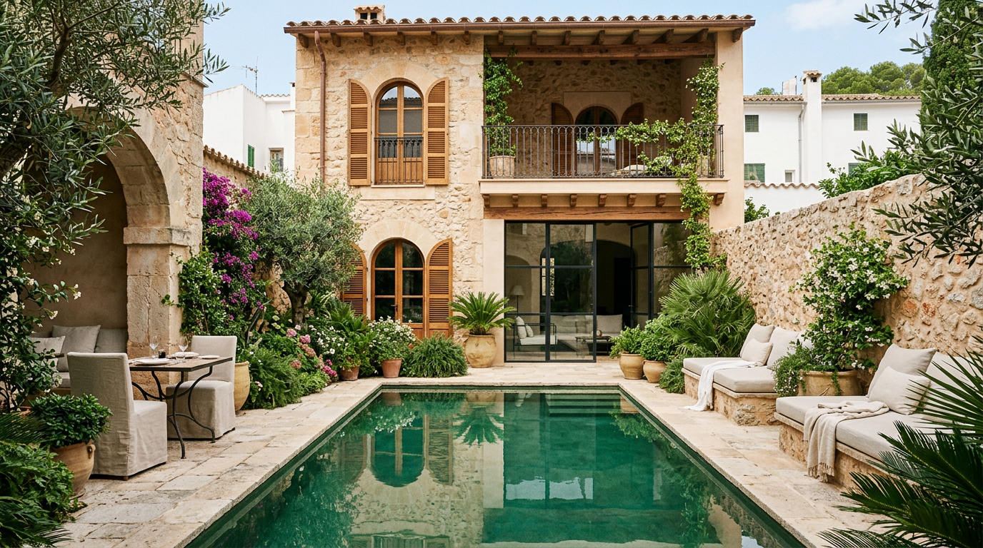 A modern boutique hotel facade in a historic Mediterranean neighborhood, blending old and new architecture with lush greenery and a vibrant street scene.