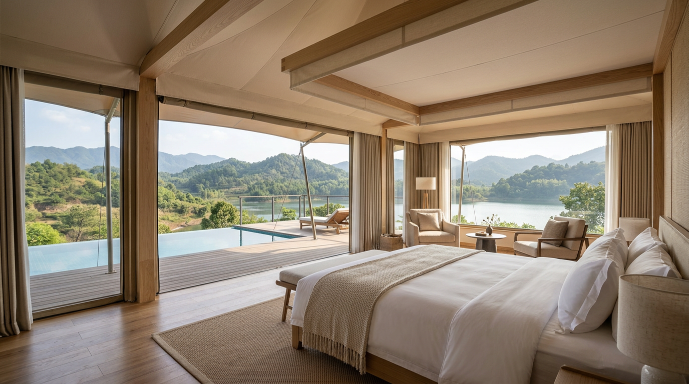Luxurious glamping tent with expansive views of a natural landscape, featuring modern furnishings and amenities.