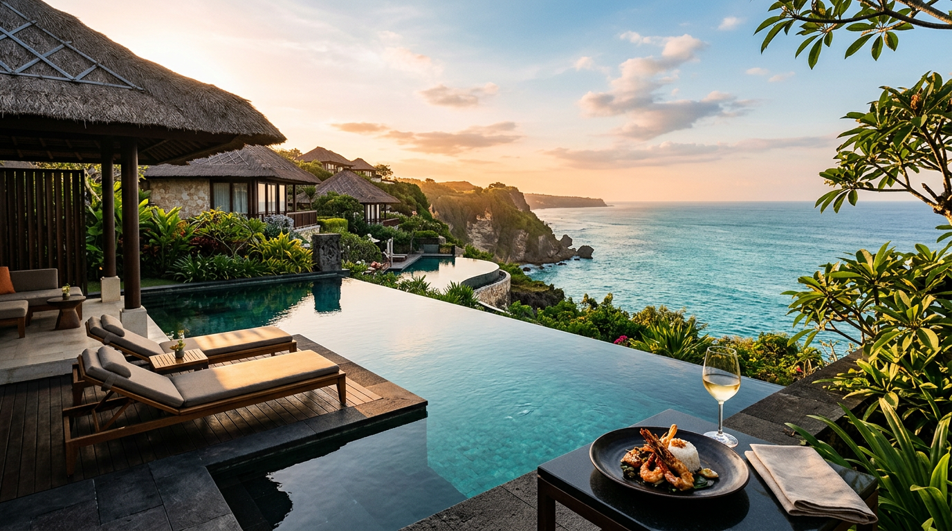 Exterior view of Bulgari Resort Bali showcasing its distinctive architecture and cliffside location with ocean in the background