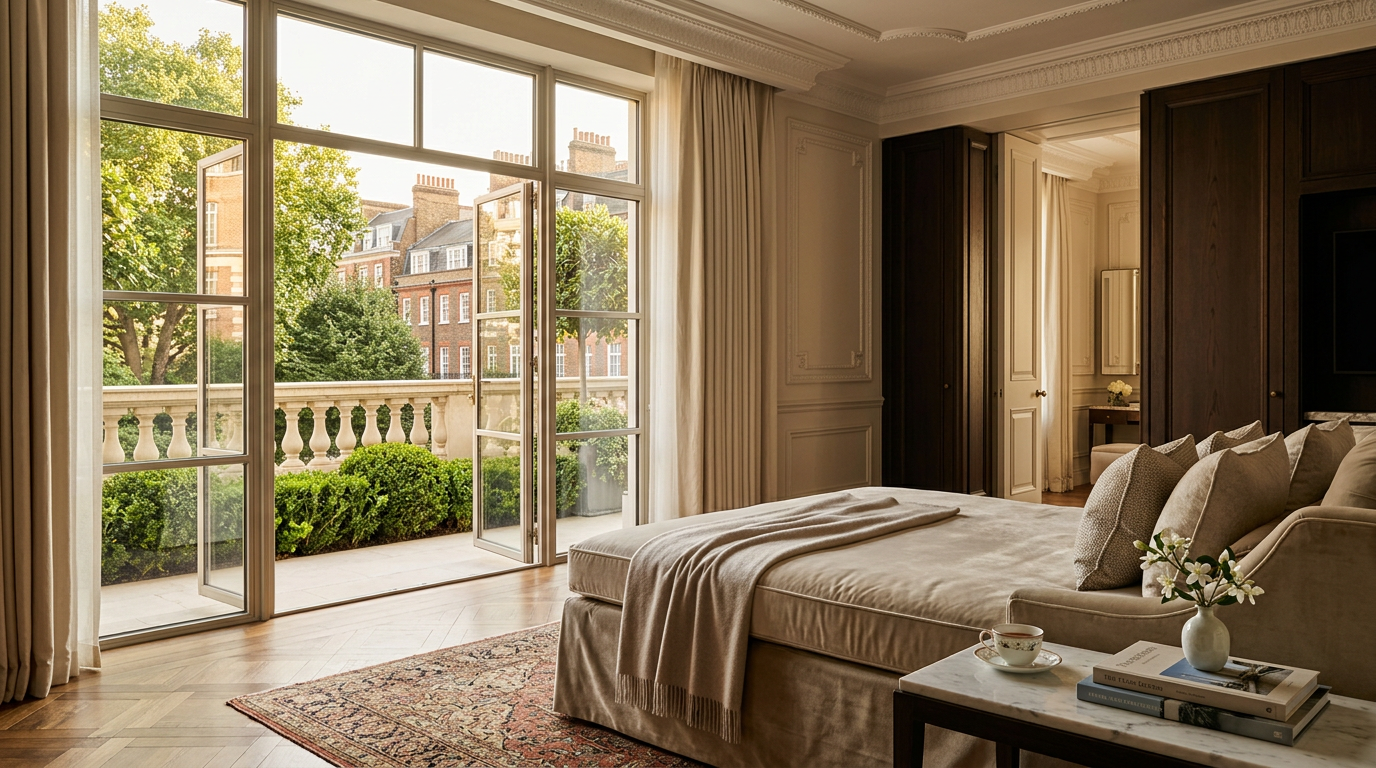 Mayfair street scene with a luxury hotel facade, hinting at a Cheval Blanc property