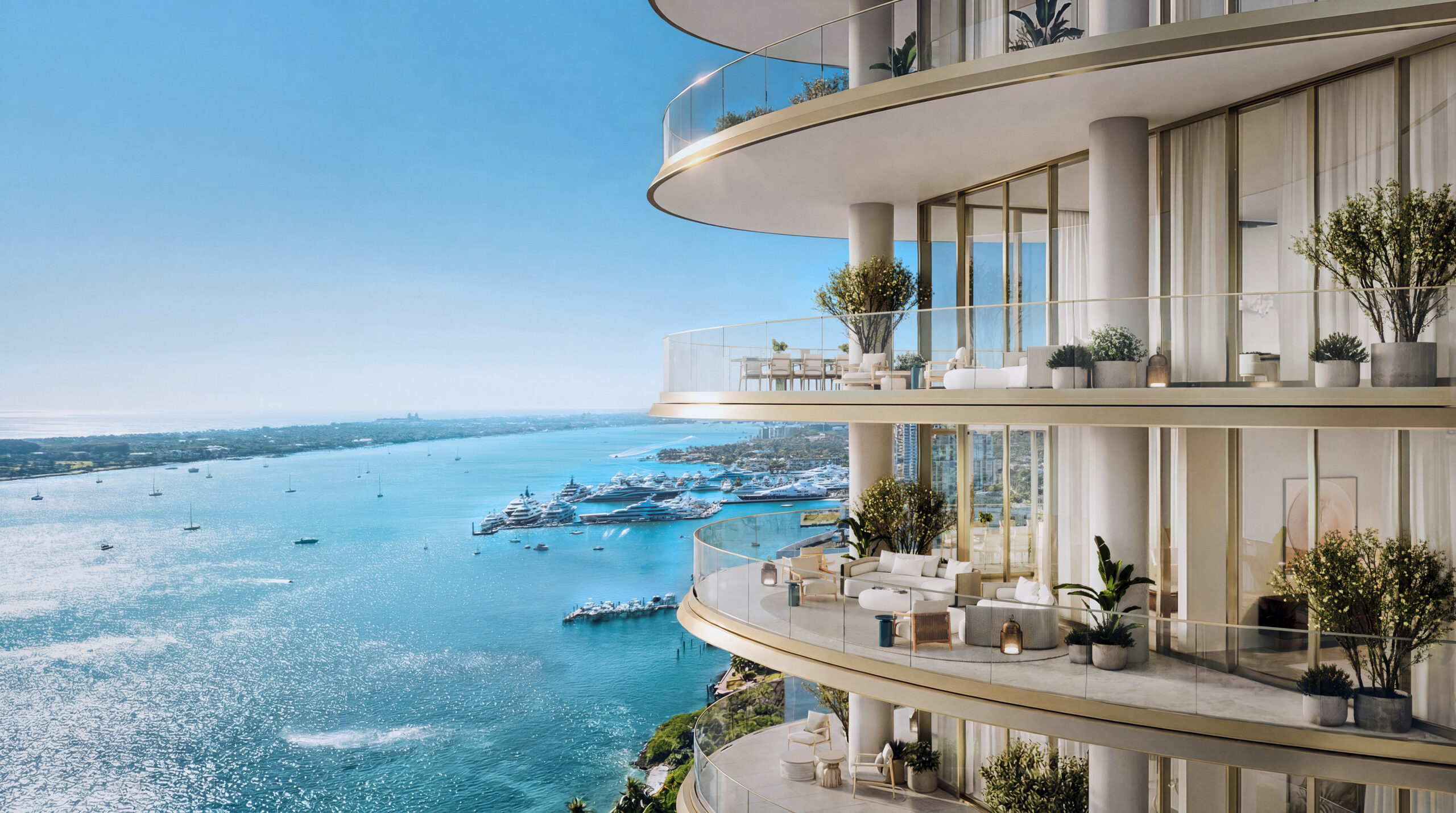 Luxurious living room rendering with contemporary furniture and a view of the water from a high-rise residence