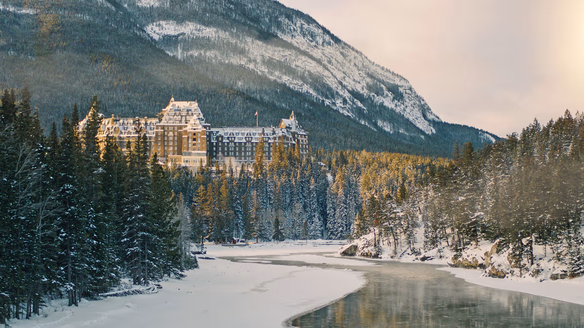 Exterior shot of the Fairmont Banff Springs hotel nestled in the Canadian Rockies