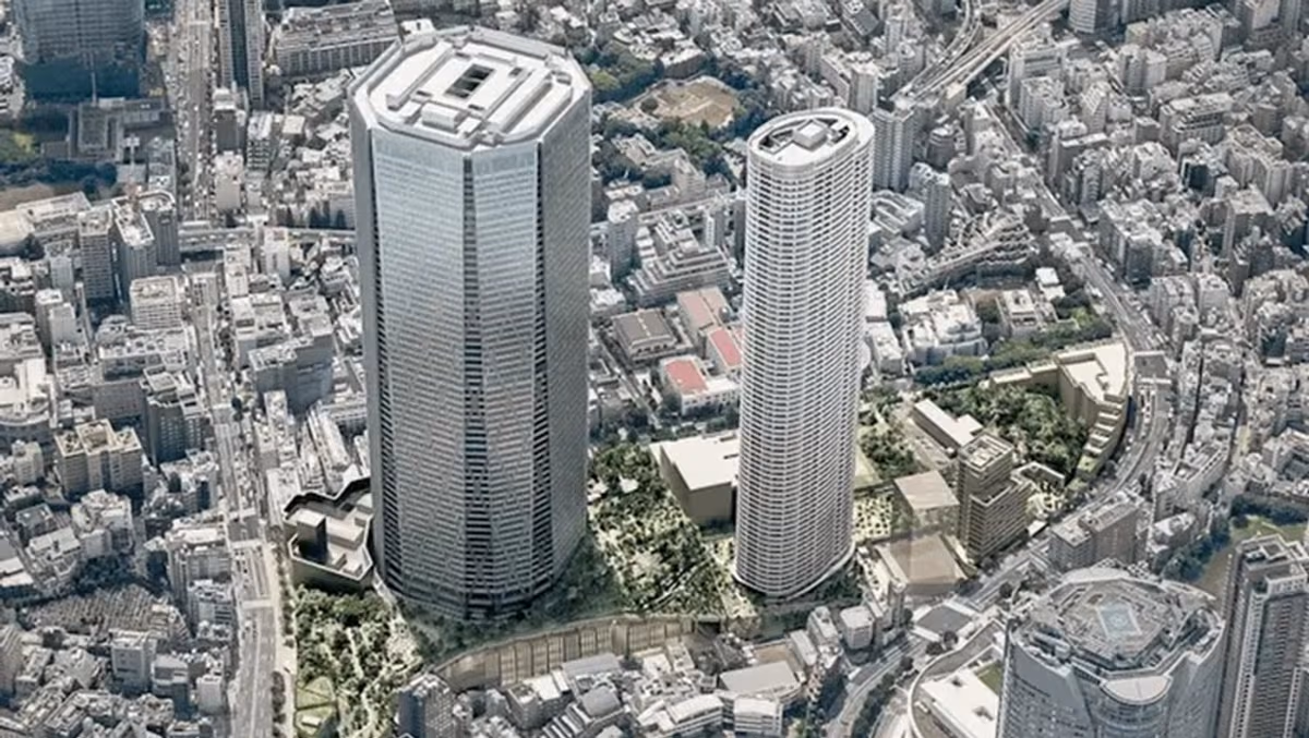 An architectural rendering of the Rosewood Tokyo hotel within the Roppongi 5-Chome mixed-use development.