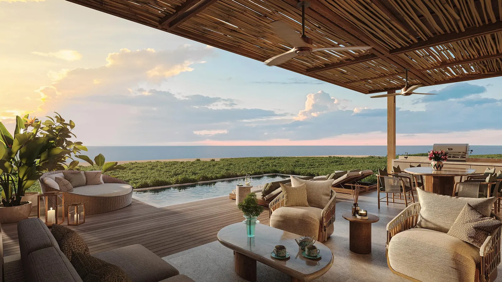 An outdoor living area with ocean views from a residence at Mandarin Oriental Residences Kanai, Riviera Maya
