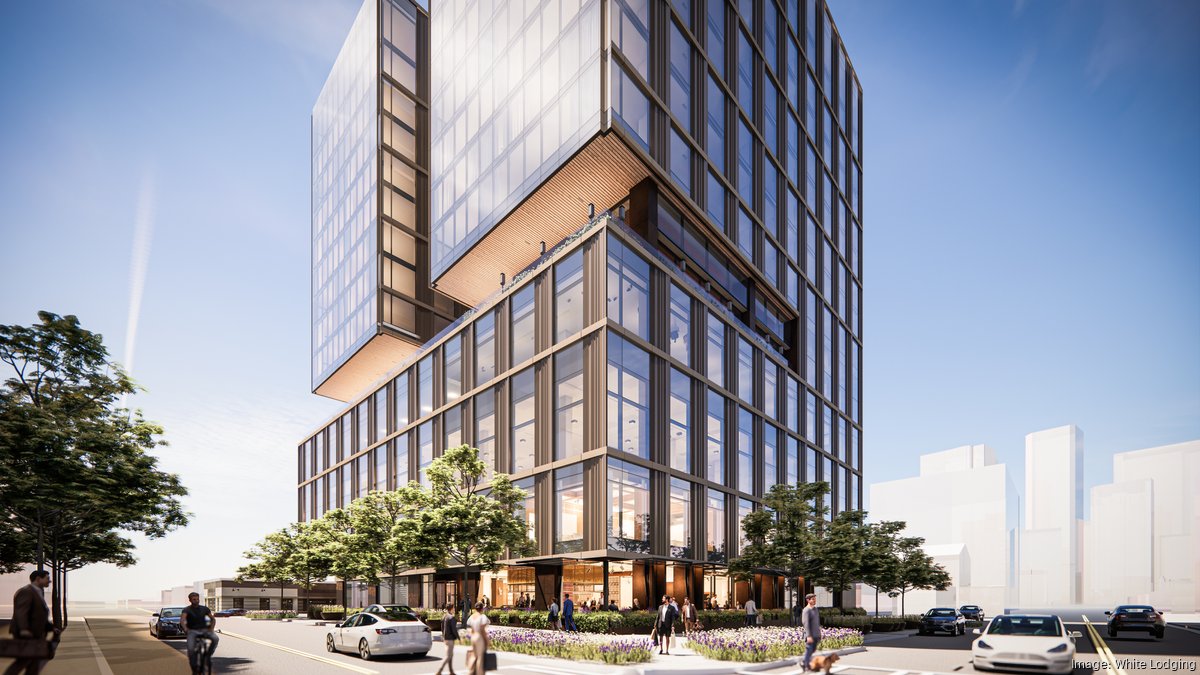 Renderings of a modern 14-story hotel building with a rooftop pool deck