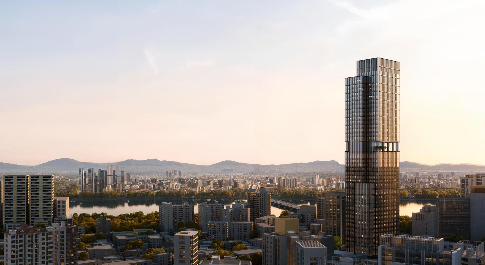 Architectural rendering of Aman Seoul tower in Cheongdam-dong overlooking the Han River