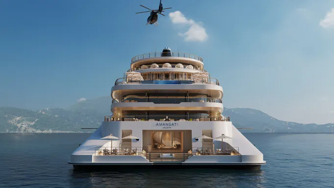 Render of Aman's Amangati luxury cruise ship with a beach club at the stern