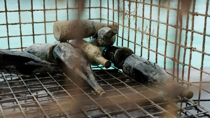 Underwater view of wine bottles resting inside a cellar-like structure on the seabed, surrounded by clear blue water and tropical fish.