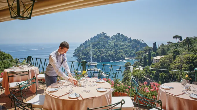 Exterior view of the Belmond Hotel Splendido in Portofino, Italy, showcasing its coastal location and elegant architecture.