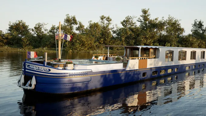 A sleek, luxurious riverboat, "Marguerite", cruising on a calm river.