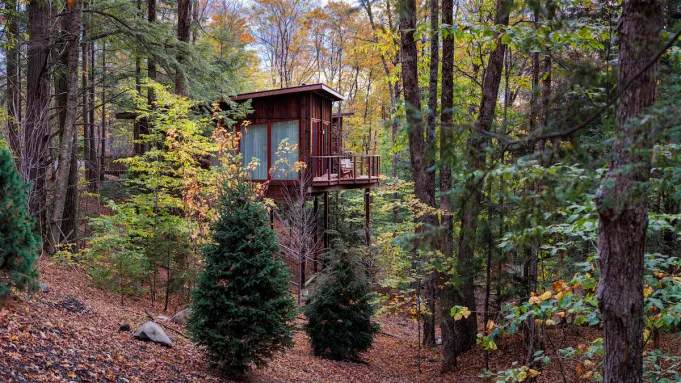 A modern luxury treehouse nestled high in the forest canopy at Twin Farms, Vermont.