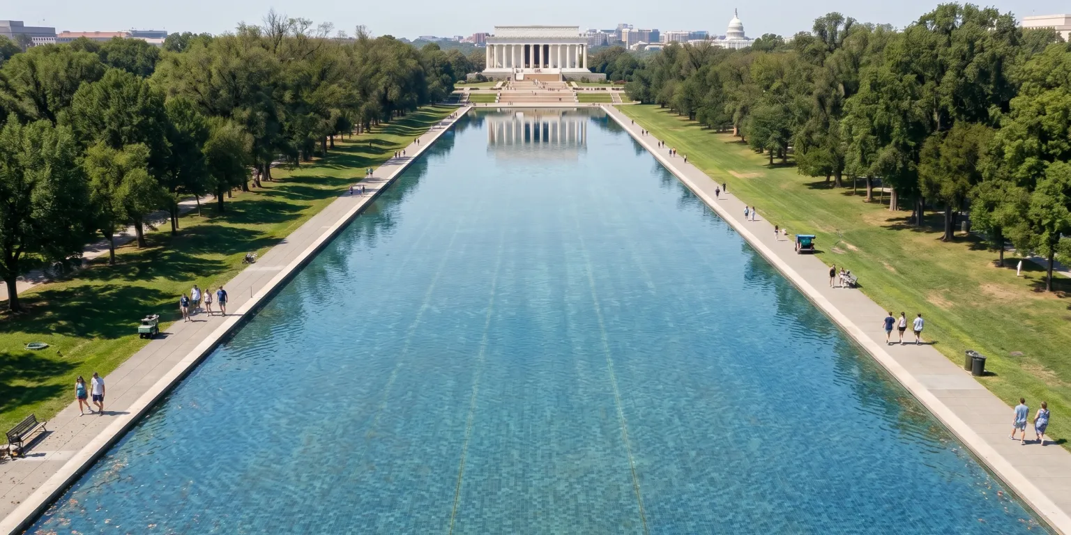 The Lincoln Memorial Reflecting Pool, now repainted a deep blue, with the Washington Monument and Capitol dome in the distance.