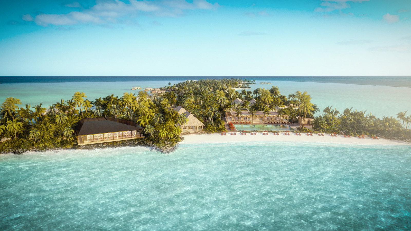 Aerial view of Bvlgari Resort Ranfushi with overwater villas and palm-fringed beaches