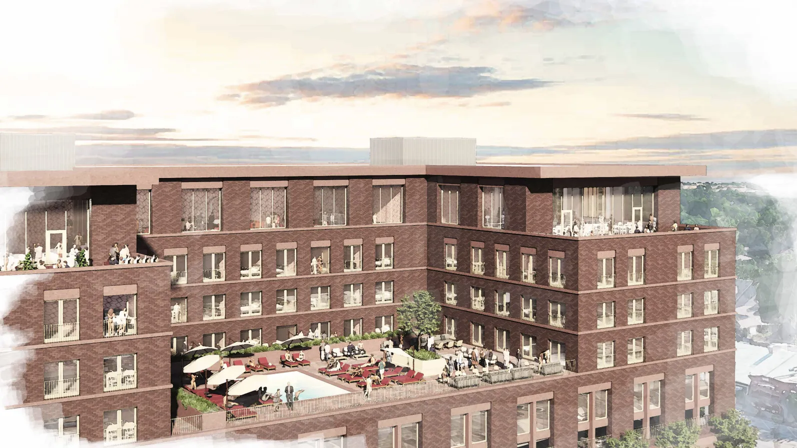 Renderings of a modern, luxury hotel building with a sleek design near a university campus