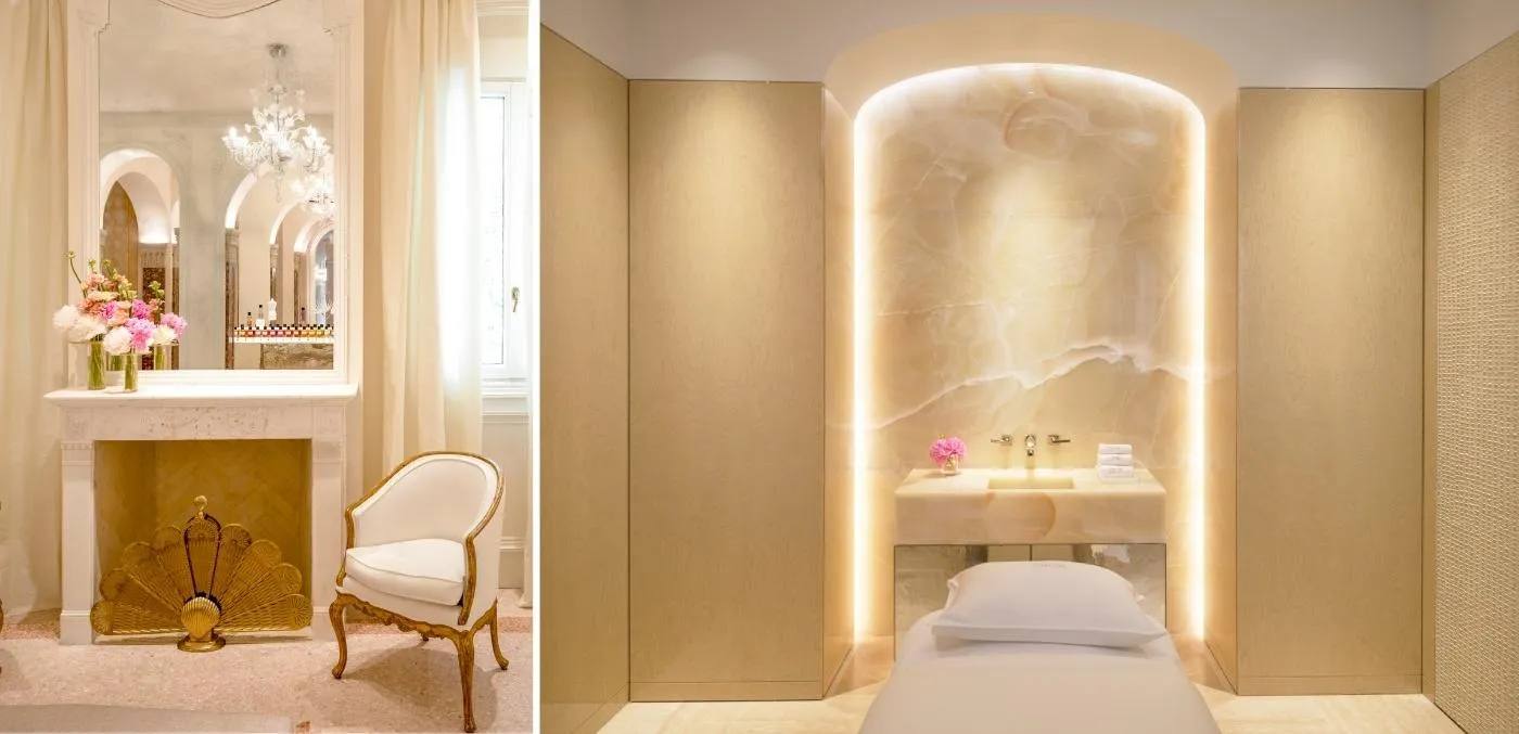 Luxurious Dior Spa treatment room with white and gold accents at Hotel Cipriani, Venice