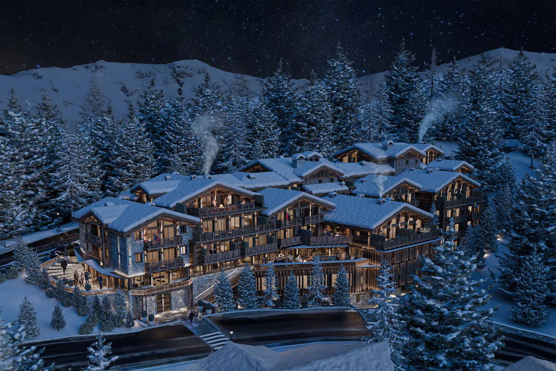 A digitally rendered view of a luxurious alpine hotel resort nestled in a snowy mountain landscape, with skiers on a slope nearby.