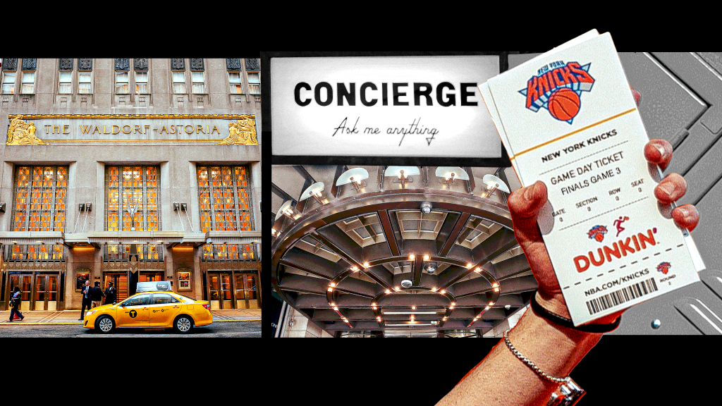 A New York Knicks basketball game in progress, with a blurred focus on hotel concierges in the foreground