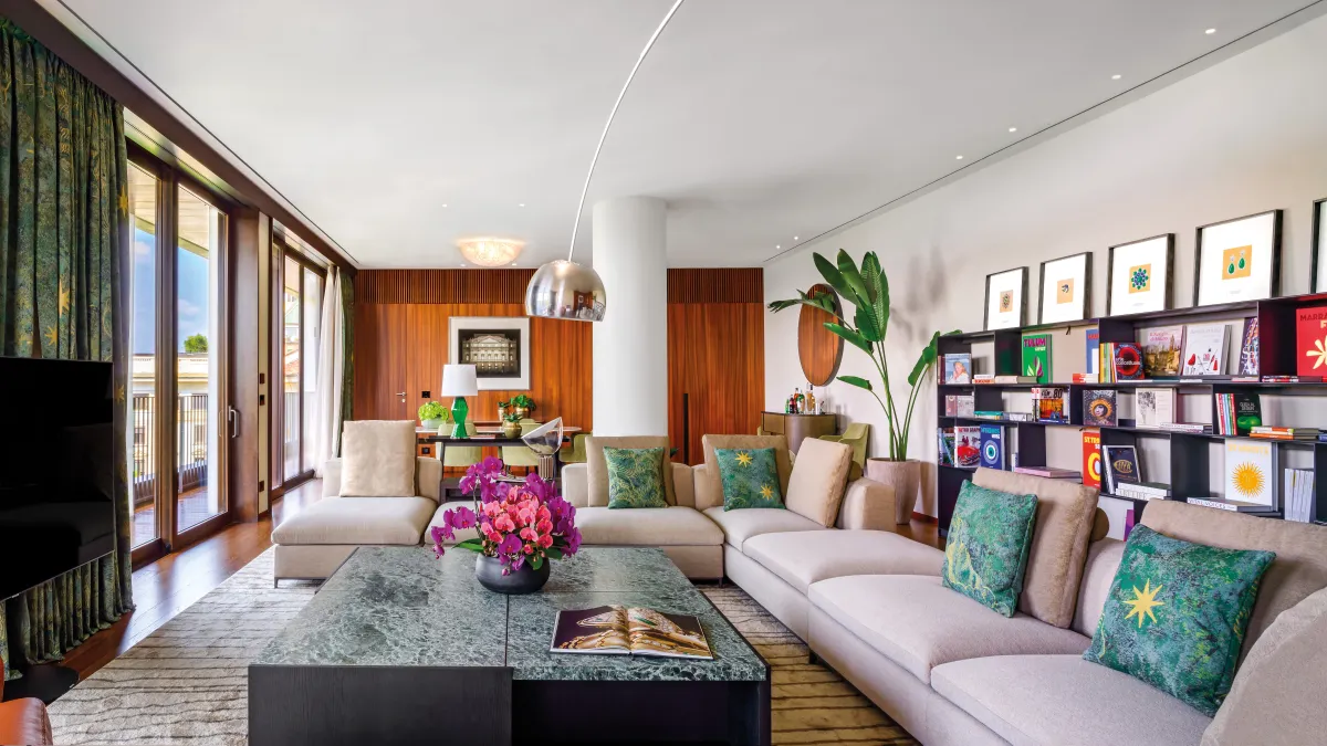 A meticulously appointed suite living room at the Bulgari Hotel Milano, featuring contemporary Italian design