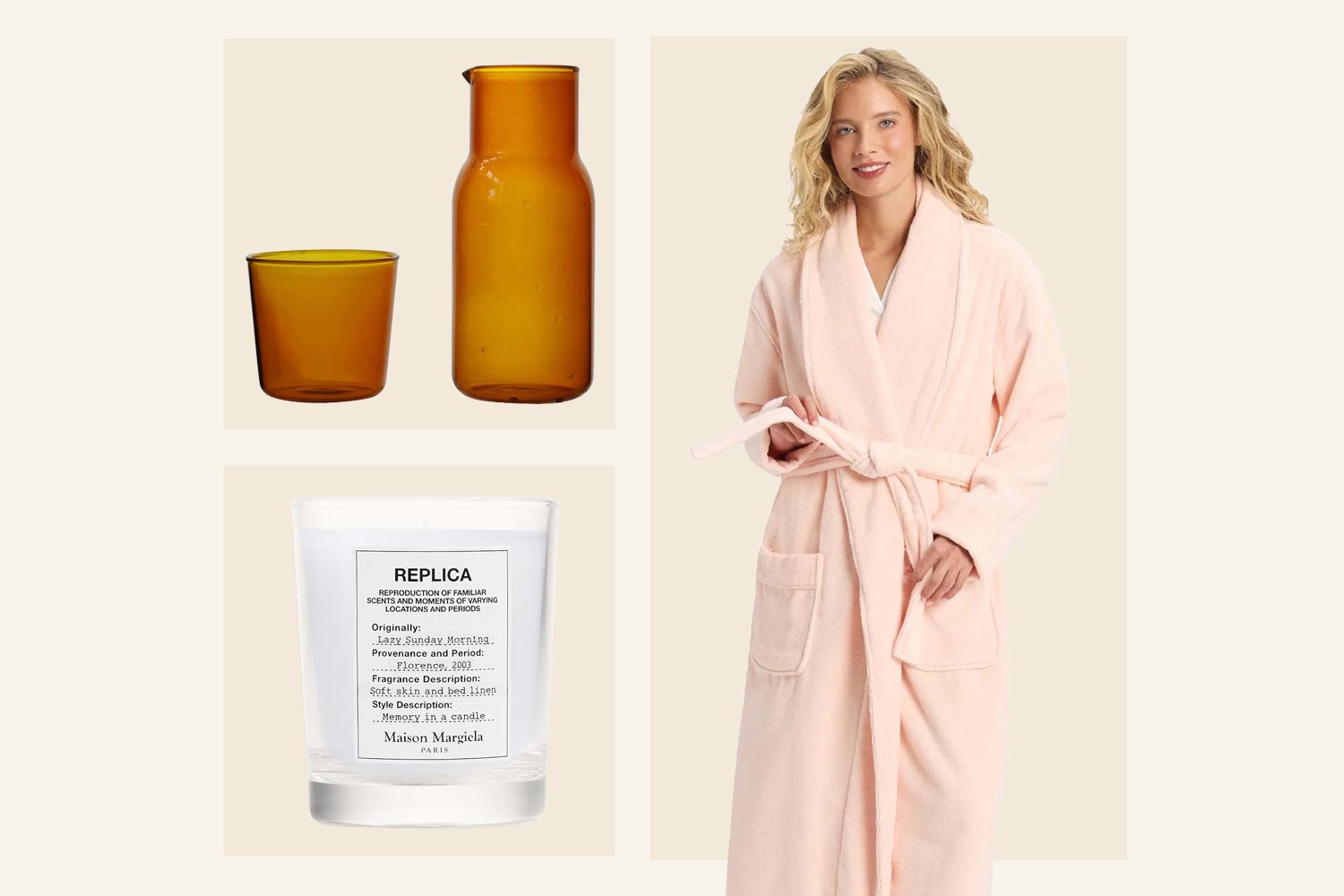 A curated arrangement of luxury home items, including a plush robe, amber glassware, and a candle, suggesting a high-end hotel room aesthetic.