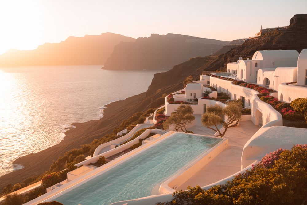 An ultra-luxury coastal and island retreat, rendered in granite, terracotta, and dark woods, framed by lush Mediterranean foliage and azure waters.