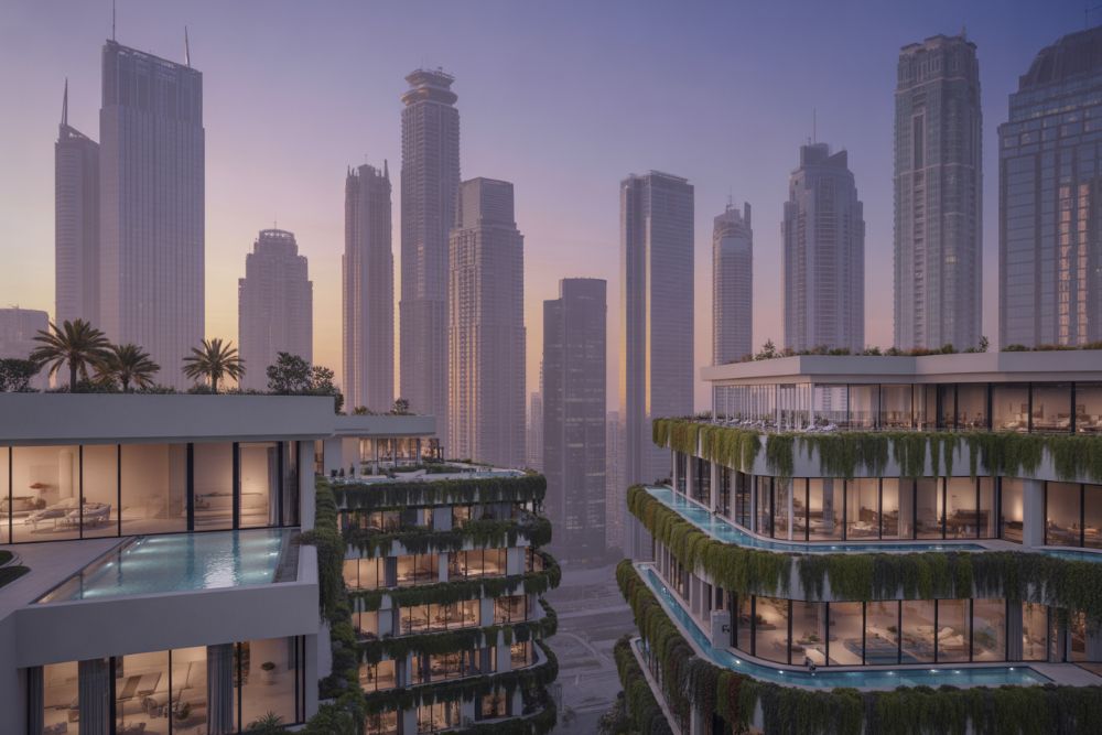 A sleek, minimalist skyscraper featuring a rooftop pool and green spaces, reflecting a modern interpretation of luxury urban living.