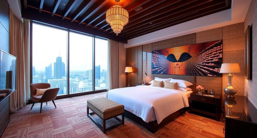 A modern, high-rise luxury hotel in Jakarta, reflecting the city's skyline at dusk.