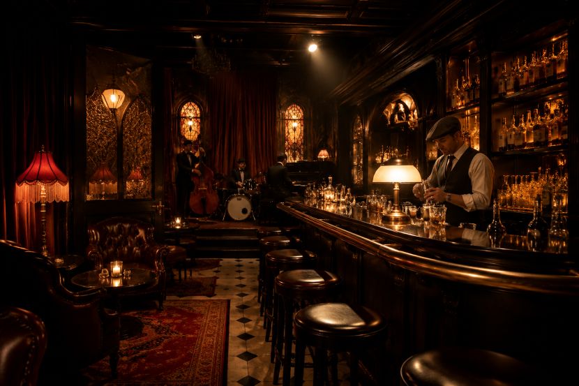 A dimly lit, vintage-styled bar with plush seating, a bar counter, and period decorations, suggesting a 1920s speakeasy.