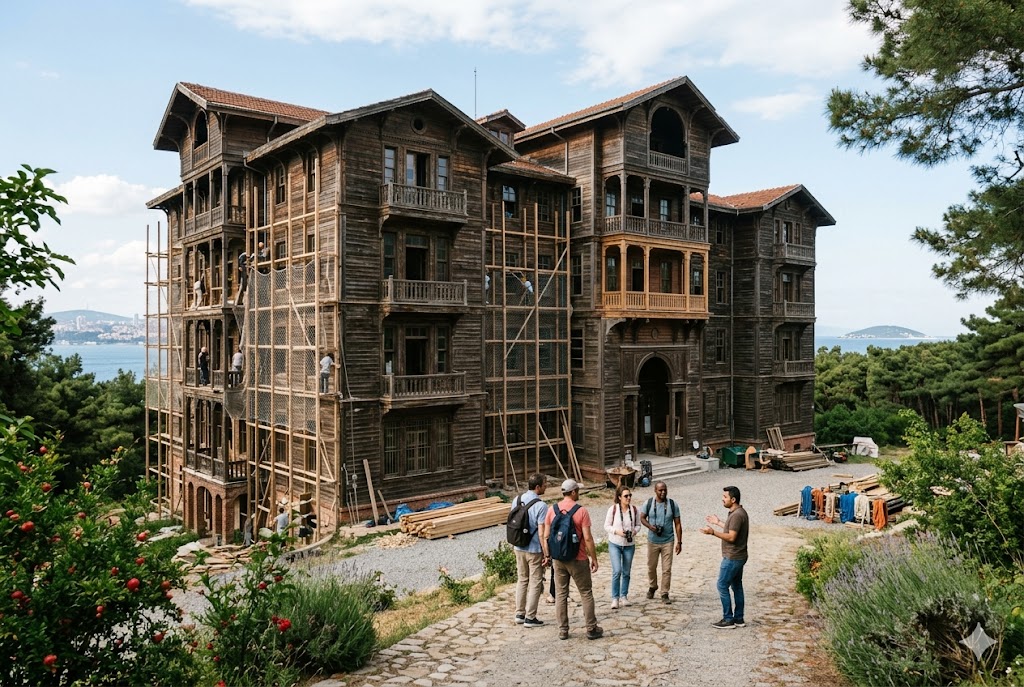 Bâtiment historique en bois en rénovation avec ouvriers et échafaudages