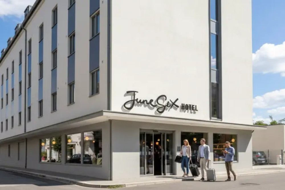 Exterior view of the modern June Six Salzburg – Tribute Portfolio Hotel at dusk, with ambient lighting and historic Salzburg architecture in the background