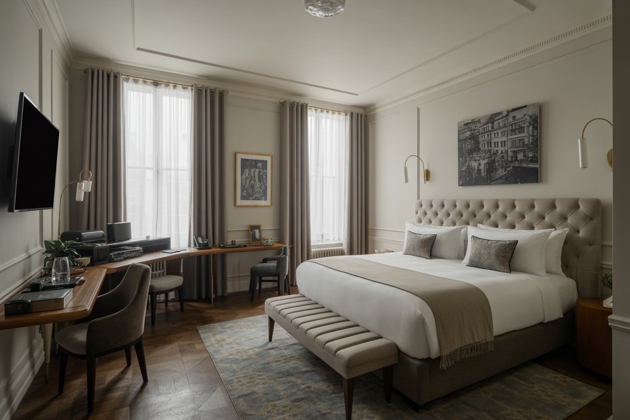 A digitally rendered image of a luxurious hotel lobby with high ceilings, ornate chandeliers, and plush seating.
