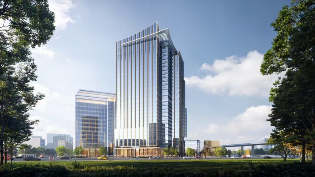 Render of a modern luxury hotel with a traditional Chinese architectural influence, set against a waterfront or beachfront.
