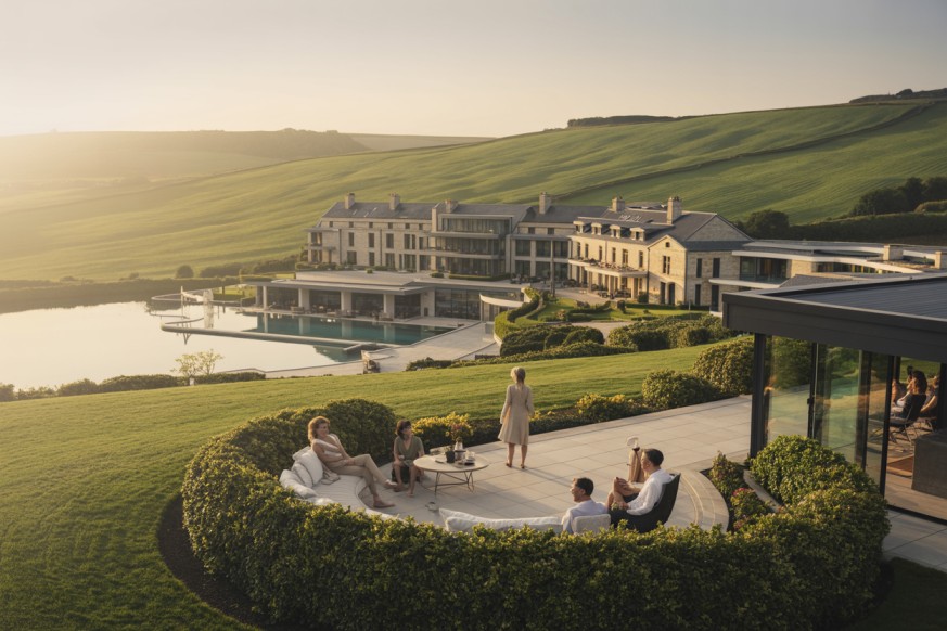 Aerial shot of a luxury hotel and residences nestled within a vast, scenic countryside landscape with lakes