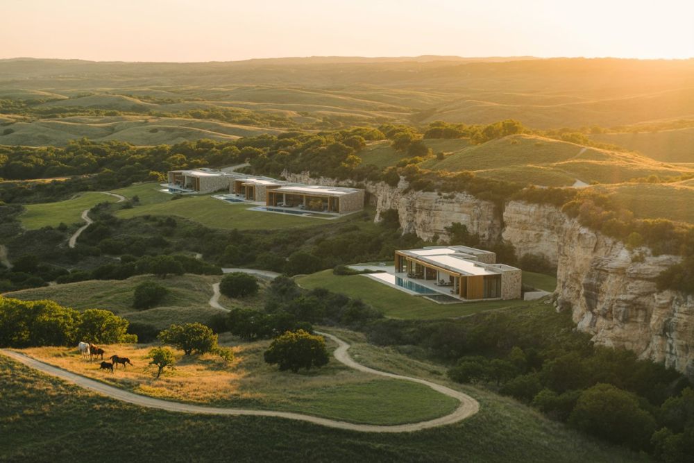 A cinematic, ultra-realistic luxury ranch resort in Texas Hill Country with rolling green hills, limestone cliffs, and golden sunset lighting.