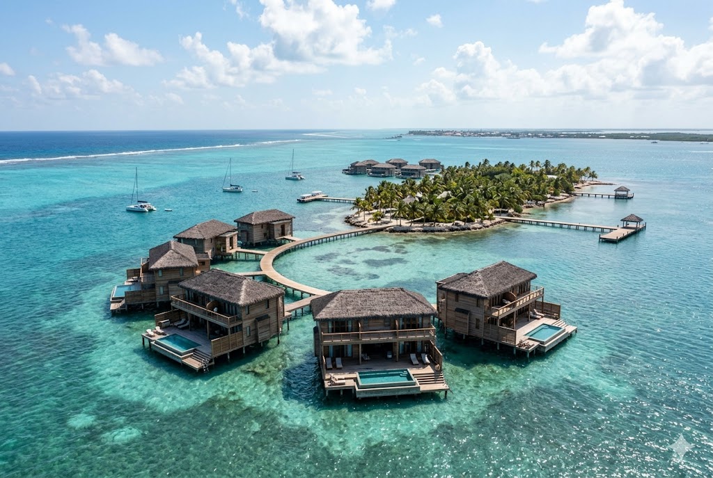 Aerial view of luxury overwater villas with thatched roofs extending into a clear turquoise sea, surrounded by lush green islands under a bright sky