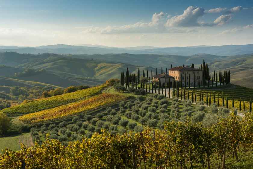 Rolling hills of the Tuscan countryside, dotted with vineyards and cypress trees under a clear sky