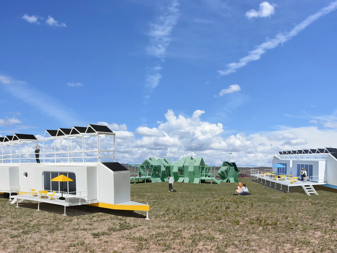 A digitally rendered luxury hotel room unit, partially unfolded, showing solar panels and a private deck in a remote desert landscape.